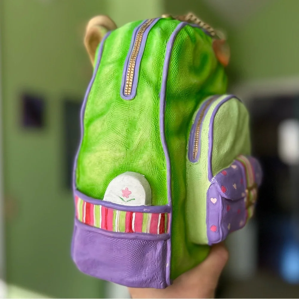 VTG Vibrant Green & Purple Rustic 3D Textured Backpack Bag Piggy Bank Accent
